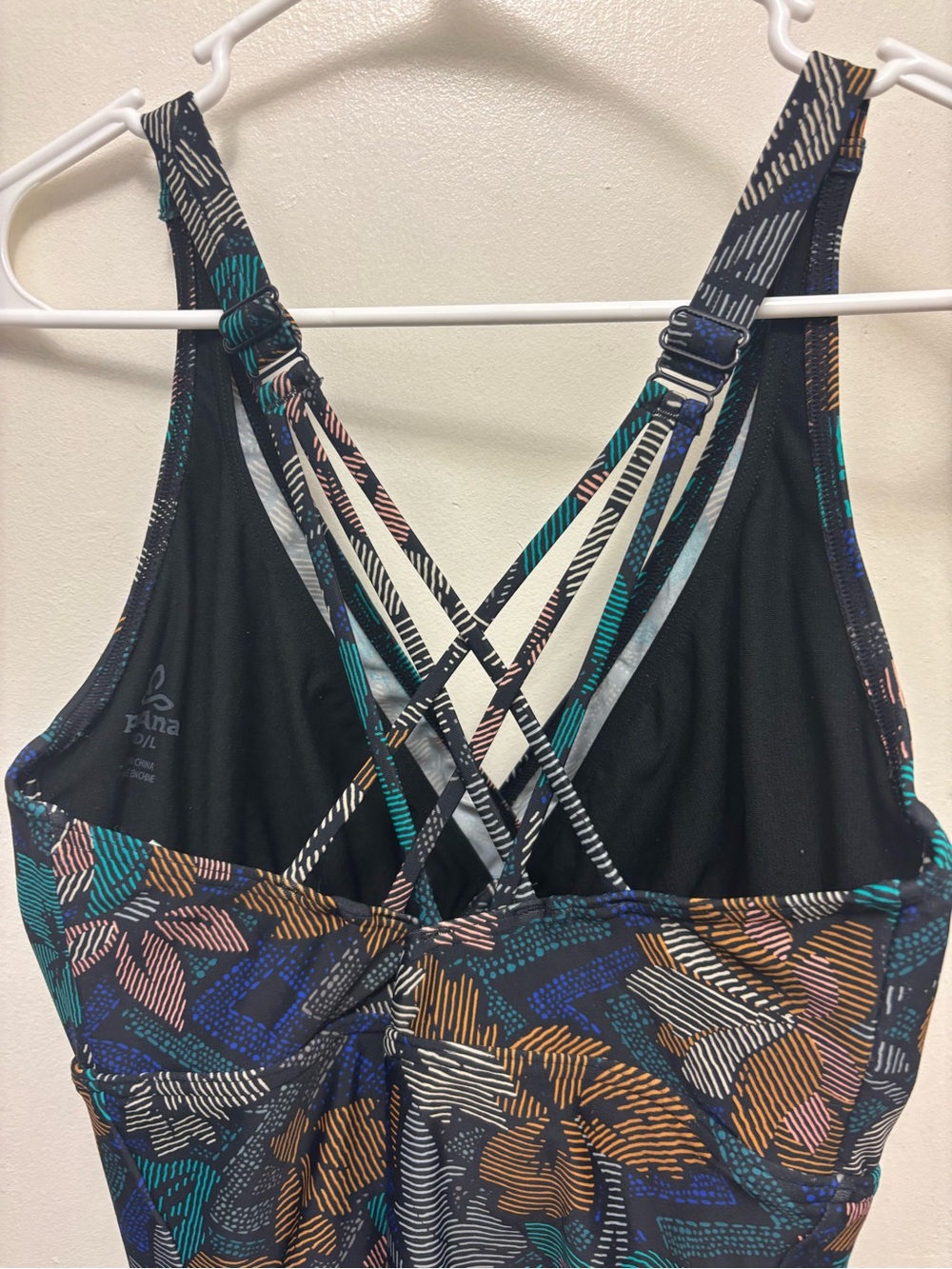 Prana One Piece Swimsuit Color Navy Blue Multi Pattern. Size Large (38D). - Picture 4 of 7